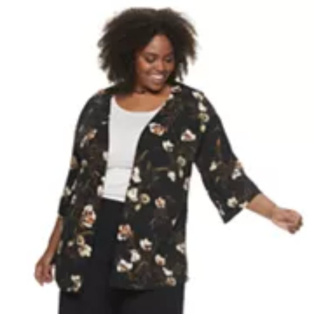 EVRI Black Floral ¾ Sleeve Kimono (Size 2X)‎